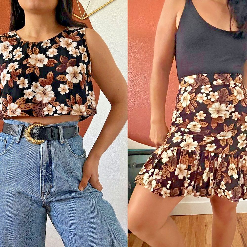 Vintage floral re-worked 2 piece fitted skirt with ruffle tank crop top small